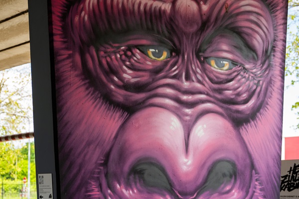 Mural of a purple gorilla at the Columns Cabinet in Weert