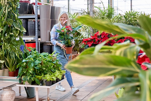 Woman in a garden centre holding a flowerpot, surrounded by green plants and flowers.